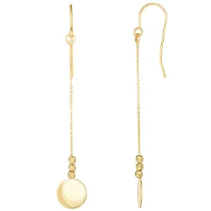 10K Yellow Gold Diamond Cut Bead With Flat Shiny Disc Drop Earrings