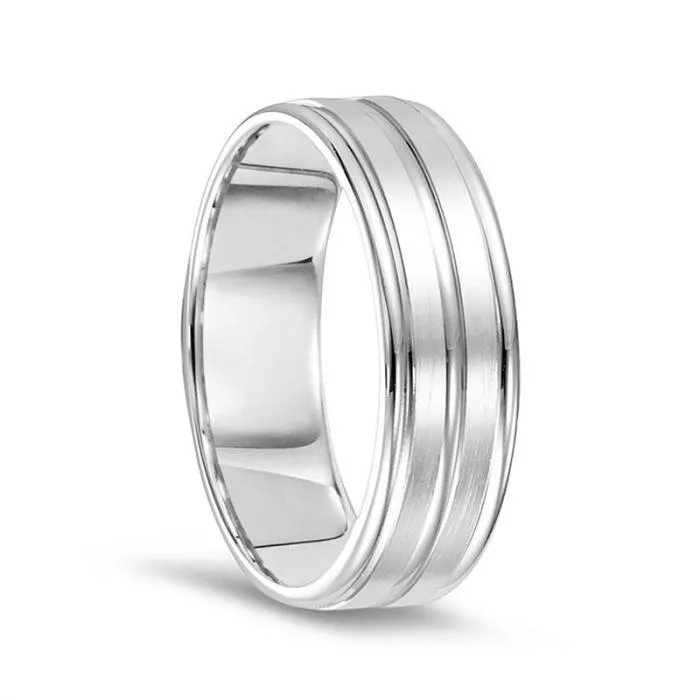 14k White Gold Brushed Finished Polished Grooved Wedding Ring with Round Edges - 7mm