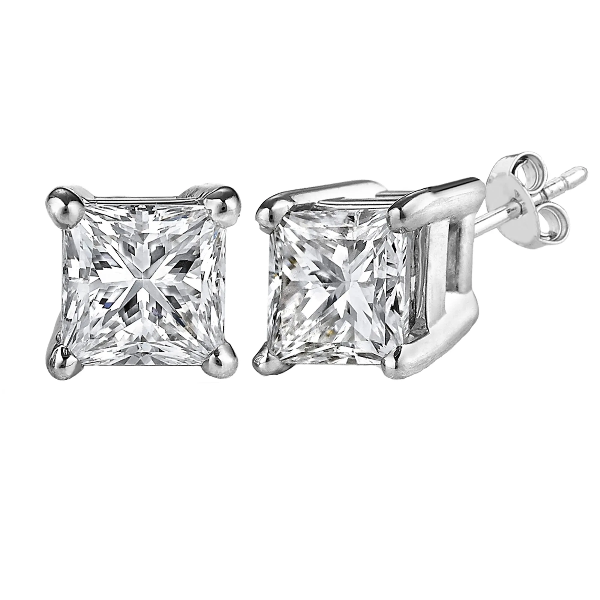 14k White Gold Princess Cut White Cubic Zirconia Stud Earrings