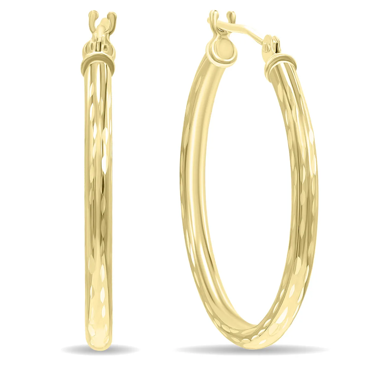 14K Yellow Gold Shiny Diamond Cut Engraved Hoop Earrings (25Mm)