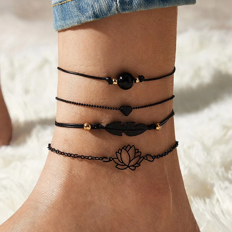 4pcs New Black Feather Lotus Anklets For Women Fashion Heart Charm