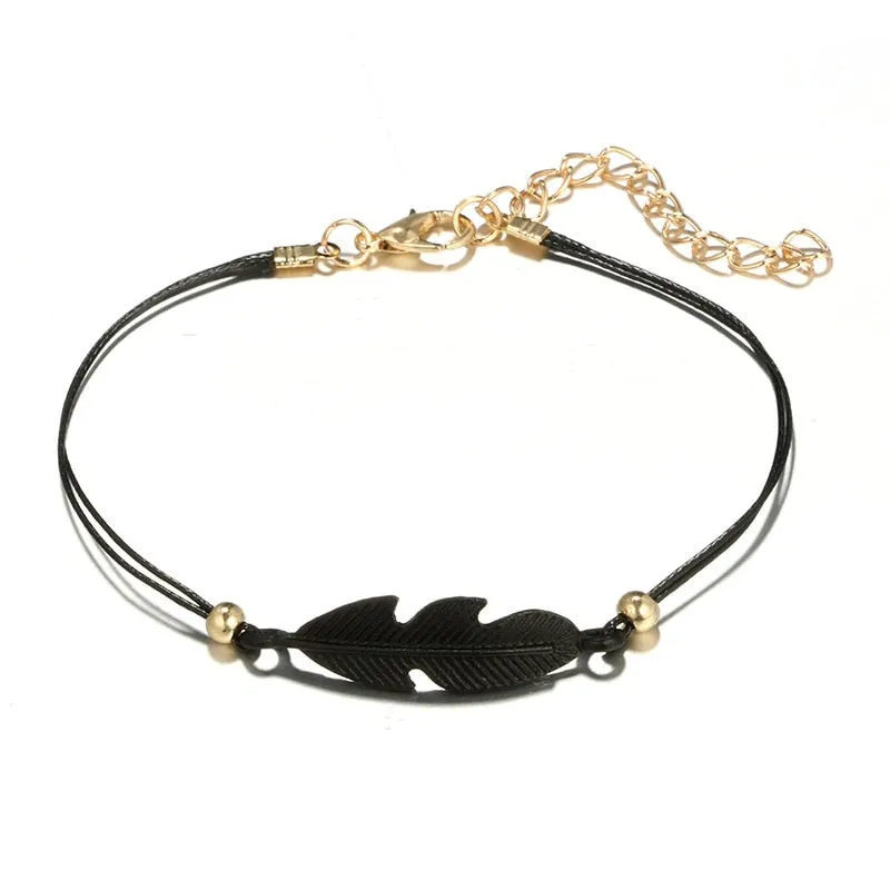 4pcs New Black Feather Lotus Anklets For Women Fashion Heart Charm