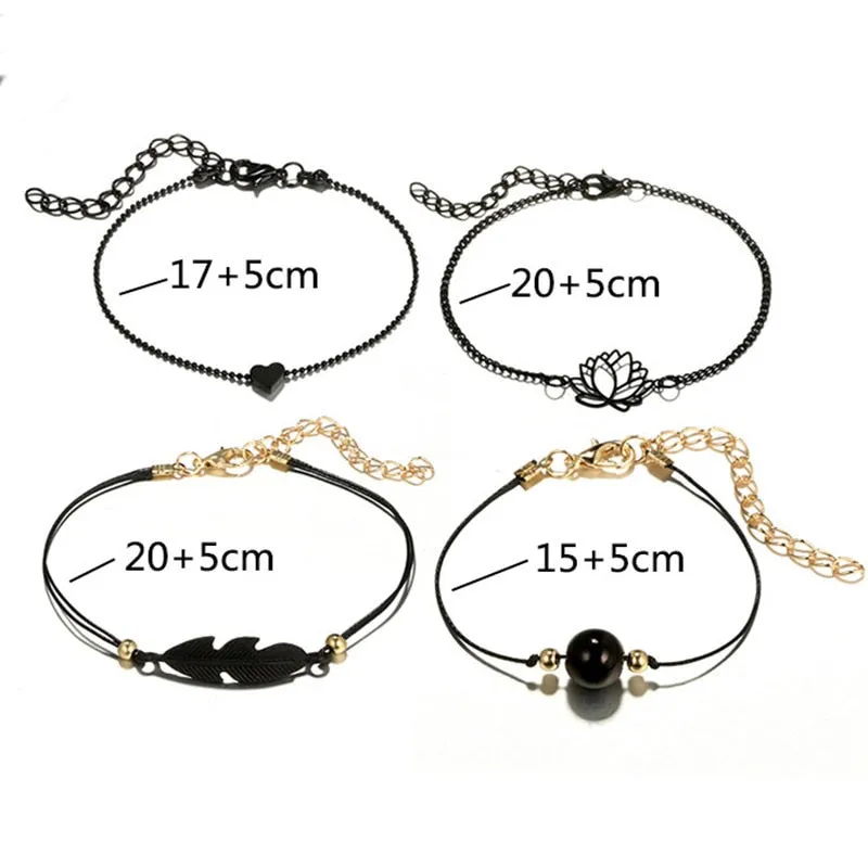 4pcs New Black Feather Lotus Anklets For Women Fashion Heart Charm