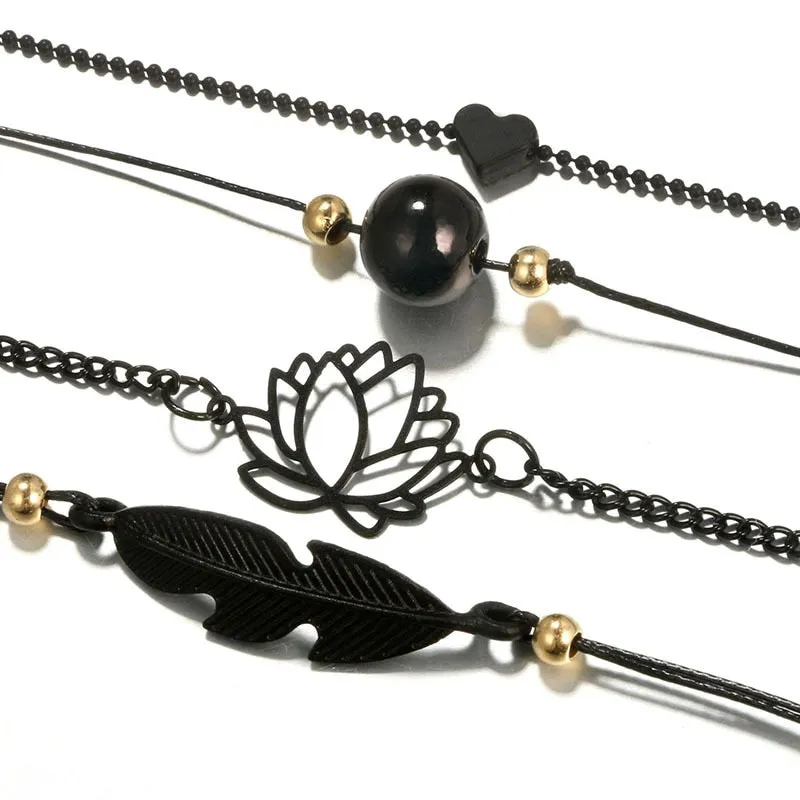 4pcs New Black Feather Lotus Anklets For Women Fashion Heart Charm