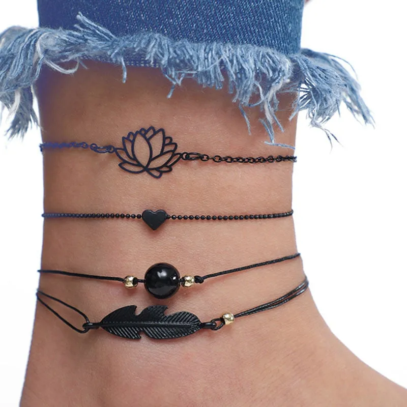 4pcs New Black Feather Lotus Anklets For Women Fashion Heart Charm