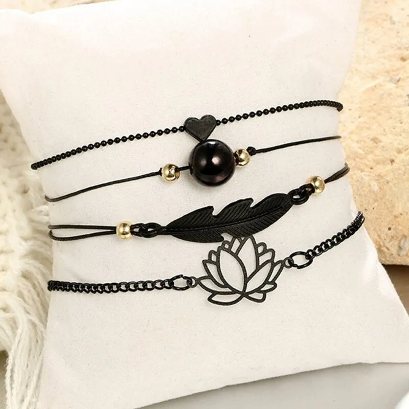 4Pieces Bracelet Anklet Gothic Black Lotus Feather Bracelet Heart Set