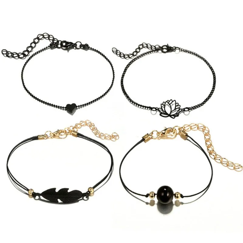 4Pieces Bracelet Anklet Gothic Black Lotus Feather Bracelet Heart Set