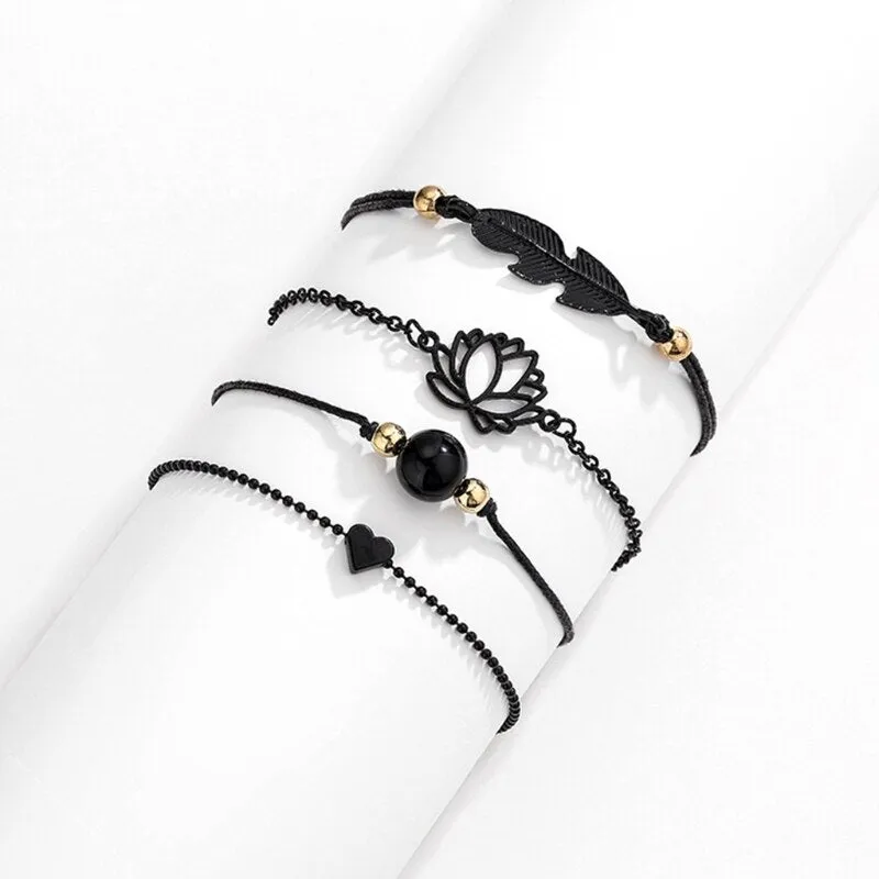 4Pieces Bracelet Anklet Gothic Black Lotus Feather Bracelet Heart Set