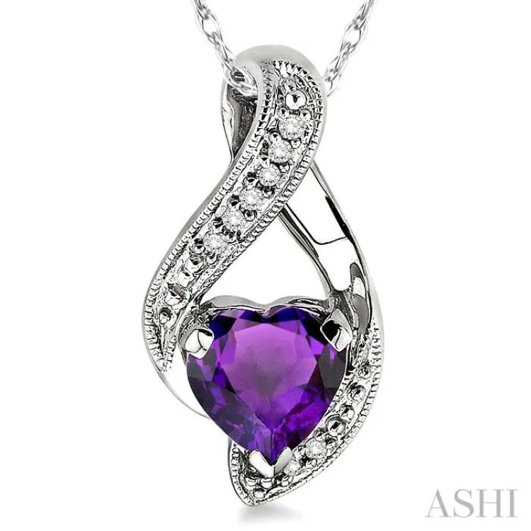 7mm Heart Shape Amethyst and 1/20 Ctw Single Cut Diamond Pendant in 14K White Gold with Chain