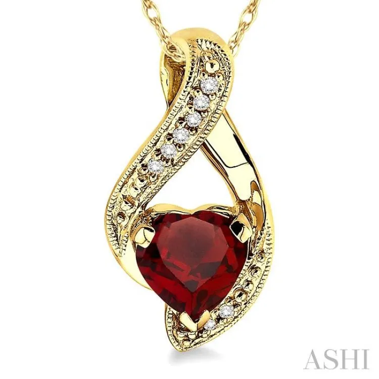 7X7mm Heart Shape Garnet and 1/20 Ctw Single Cut Diamond Semi Precious Pendant in 10K Yellow Gold with Chain