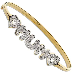 9ct Yellow Gold CZ Love Heart Mum Bangle 6.0g