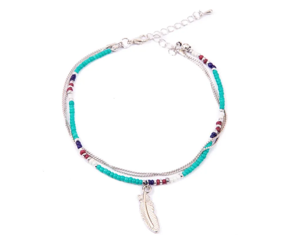 Anklet  - Double Strand Turquoise Feather Charm