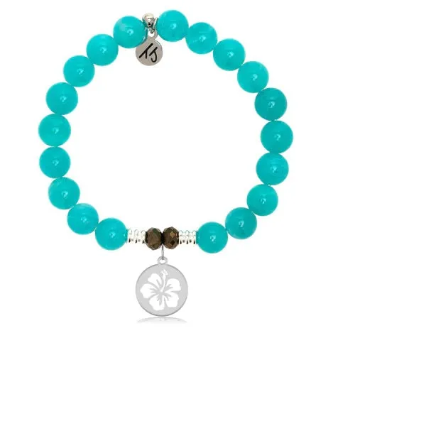 Aqua Amazonite Stone Bracelet with Hibiscus Sterling Silver Charm