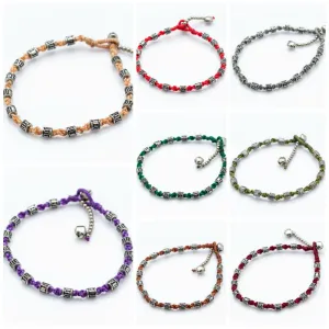 Assorted set of 10 Hand Made Fair Trade Anklet Waxed Cotton Silver Beads