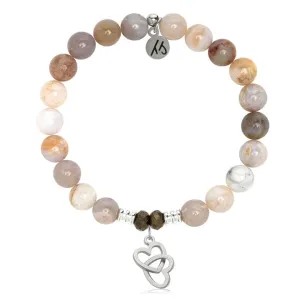 Australian Agate Gemstone Bracelet with Linked Hearts Sterling Silver Charm