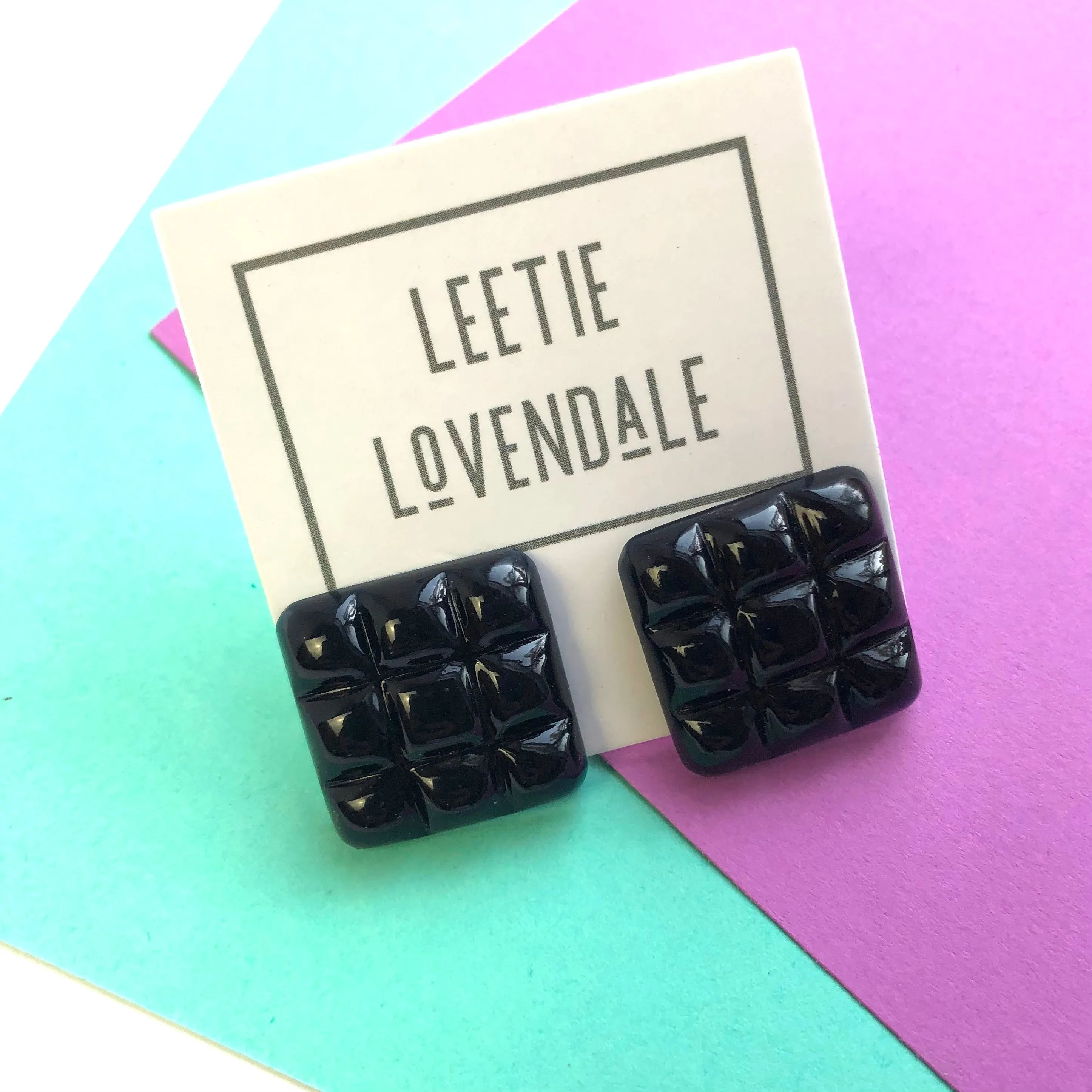 Black Waffle Square Stud Earrings