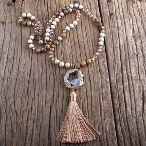 Boho Chic Stone Beaded Pendant Necklace with Tassel