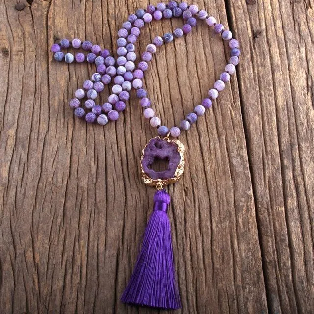 Boho Chic Stone Beaded Pendant Necklace with Tassel