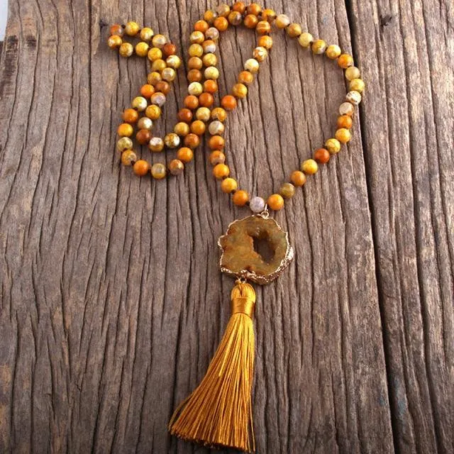 Boho Chic Stone Beaded Pendant Necklace with Tassel