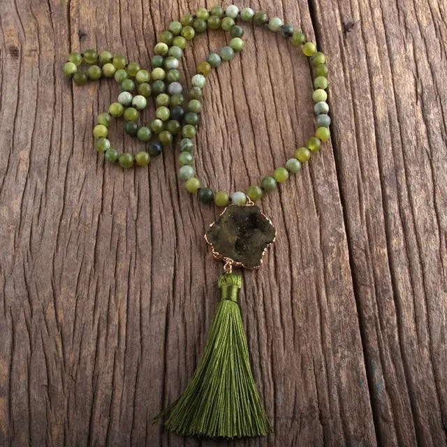 Boho Chic Stone Beaded Pendant Necklace with Tassel