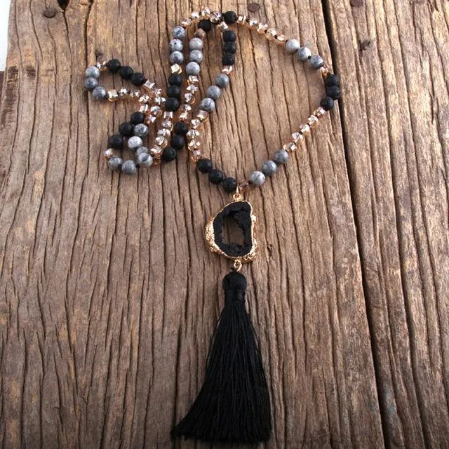 Boho Chic Stone Beaded Pendant Necklace with Tassel