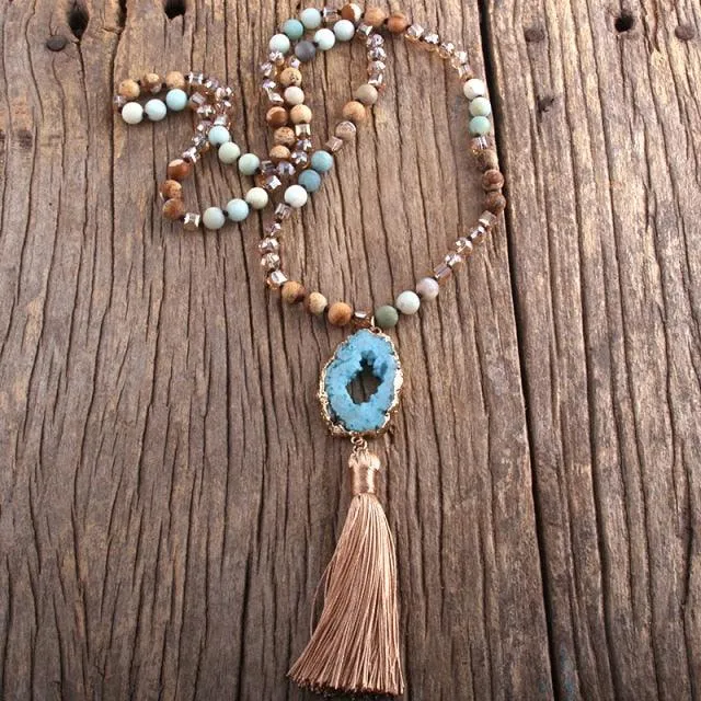 Boho Chic Stone Beaded Pendant Necklace with Tassel