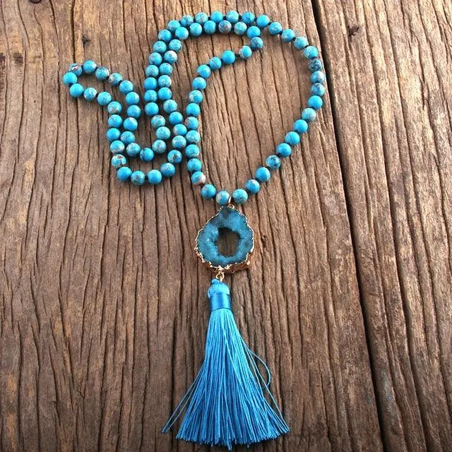 Boho Chic Stone Beaded Pendant Necklace with Tassel