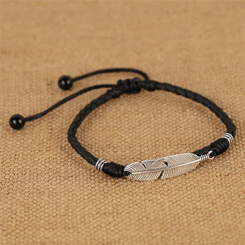 Boho Handmade Man Feather Leather Rope Anklets