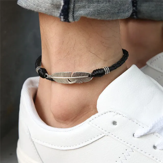 Boho Handmade Man Feather Leather Rope Anklets