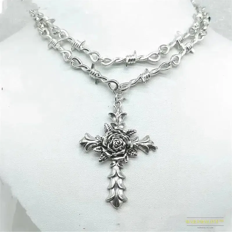 Brambles Ancient Gothic Punk Choker Necklace - Barbed Wire, Thorns, Rose & Cross Pendant