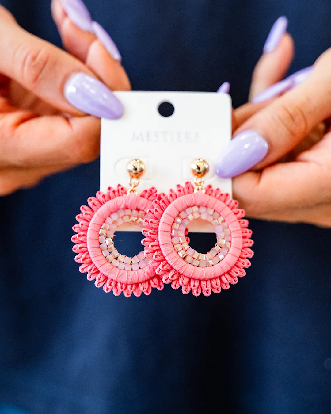 Coral Raffia Wrapped and Pink Beaded Earrings