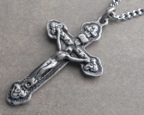 Cross and Figure Pendant on Stainless Steel Thin Curb Chain