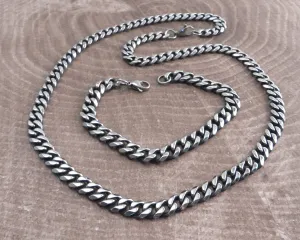 Cuban Distressed Bracelet & Necklace Stainless Steel Set 9 mm