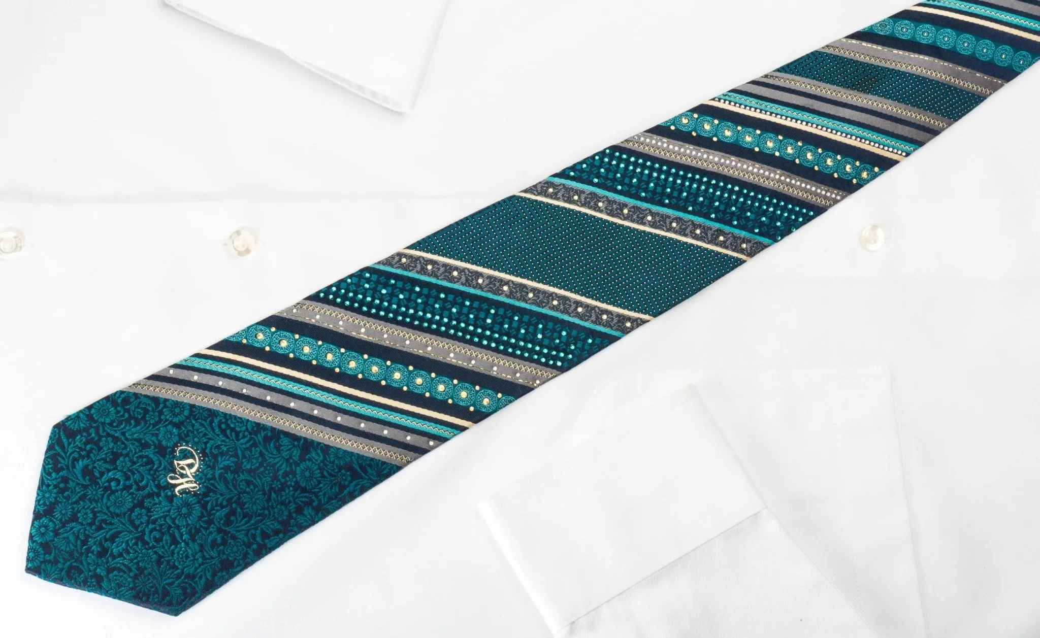 Daniel Hechter Silk Rhinestone Necktie Turquoise Stripes & Floral On Blue With Sparkles