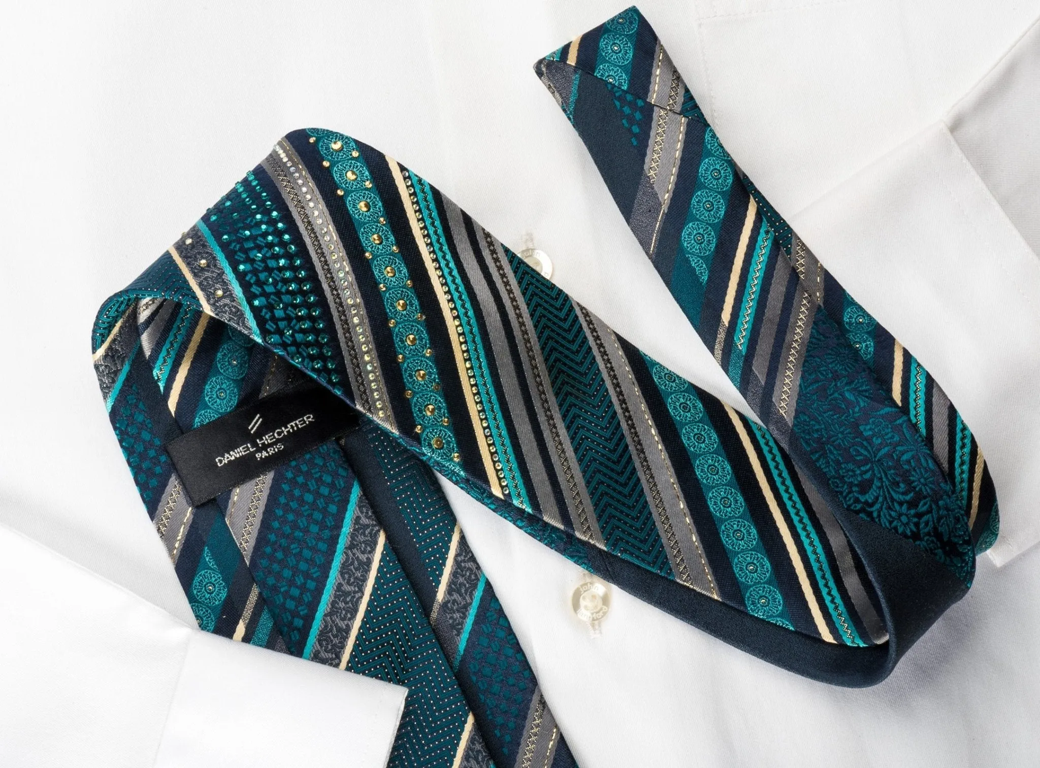 Daniel Hechter Silk Rhinestone Necktie Turquoise Stripes & Floral On Blue With Sparkles