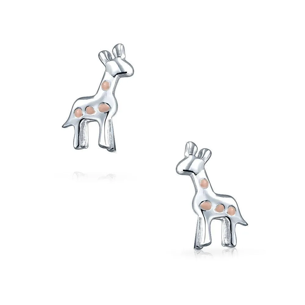 Delicate Pink Enamel Giraffe Stud Earrings in Sterling Silver