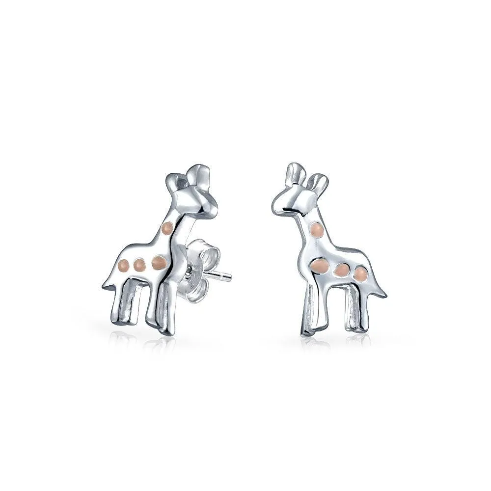 Delicate Pink Enamel Giraffe Stud Earrings in Sterling Silver