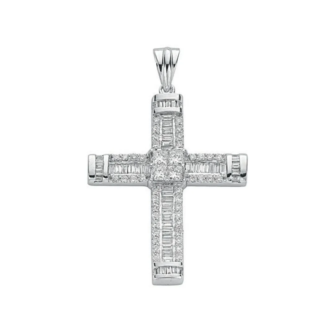 Diamond Cross Pendant Necklace 1.52ct H-VS in 18K White Gold