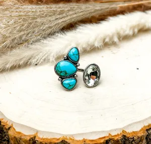 Duo Finger Ring With Multiple Turquoise Blue Stones and a Clear Crystal