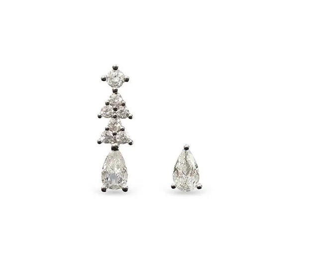 Ear Sense Asymetric Silver Crystal Drop & Stud CH273