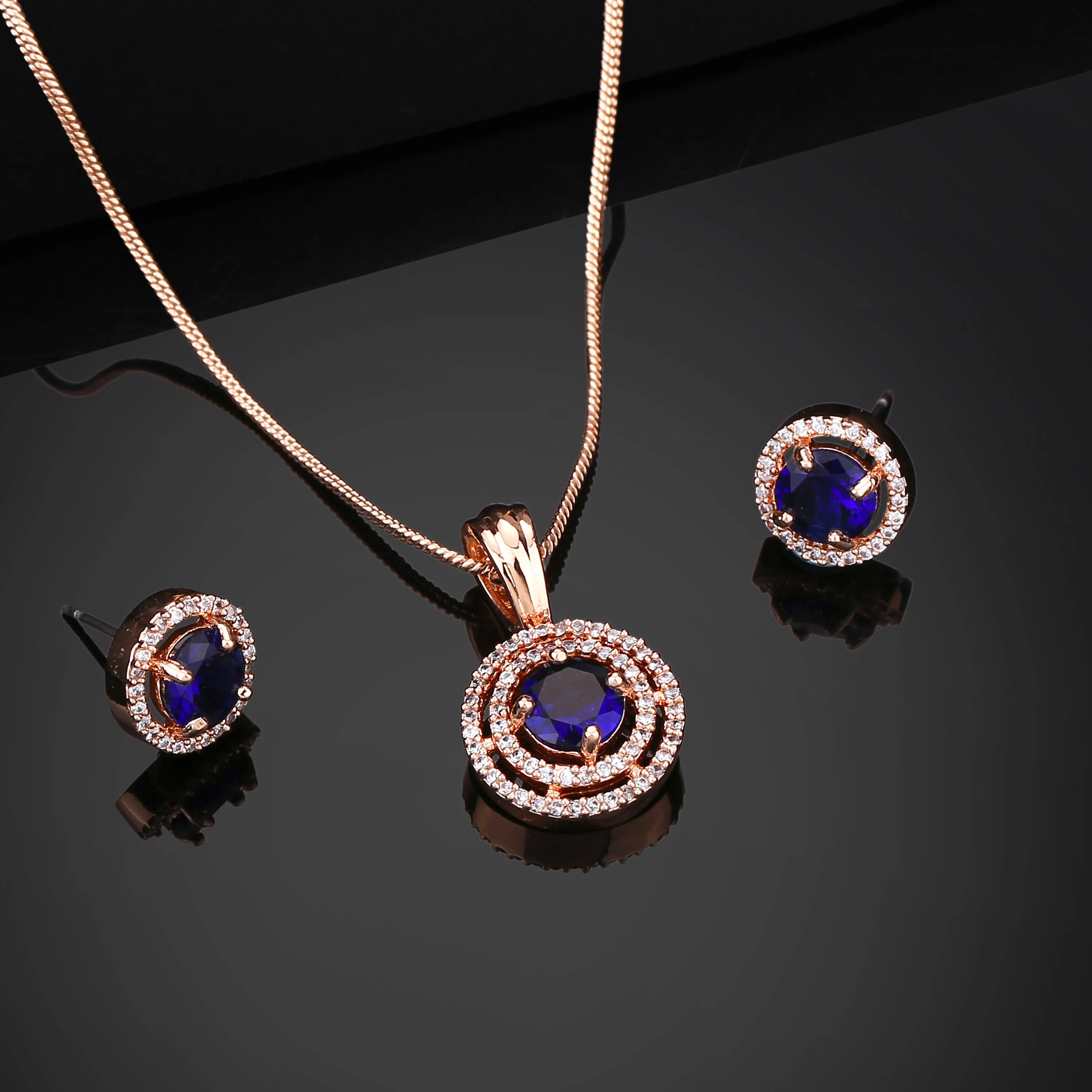 Estele Rose Gold Plated CZ Circular Pendant Set with Blue Stones for Women