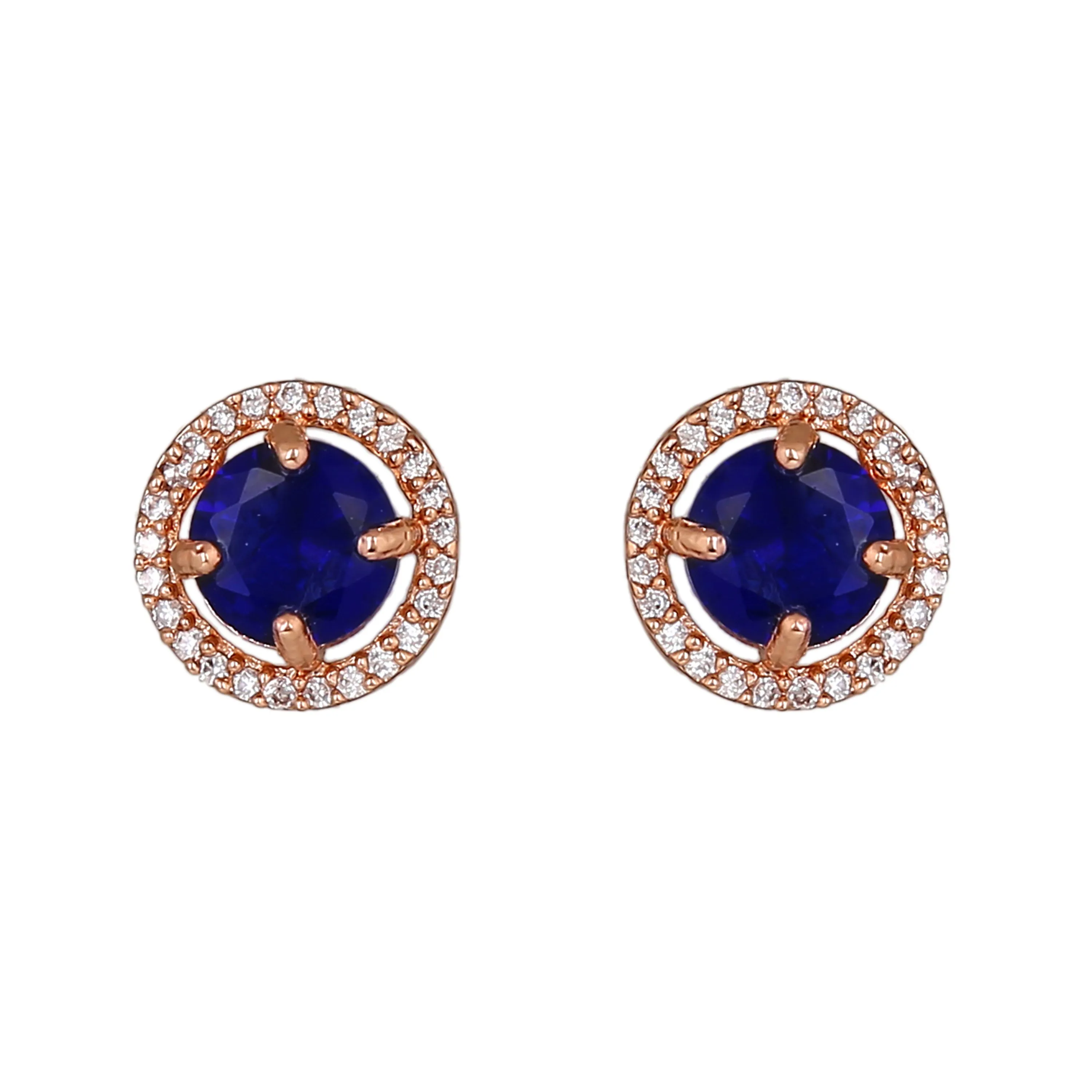 Estele Rose Gold Plated CZ Circular Pendant Set with Blue Stones for Women