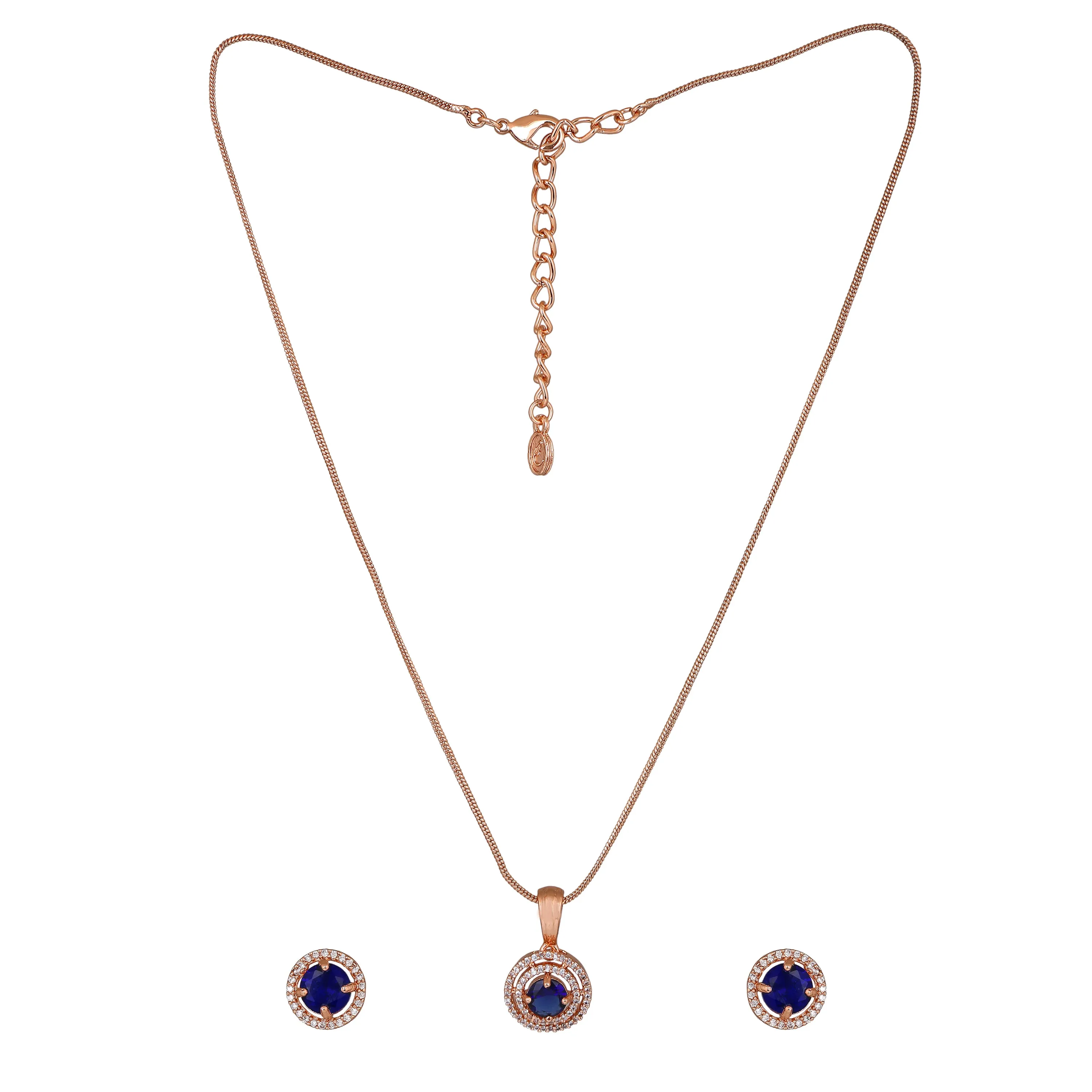 Estele Rose Gold Plated CZ Circular Pendant Set with Blue Stones for Women