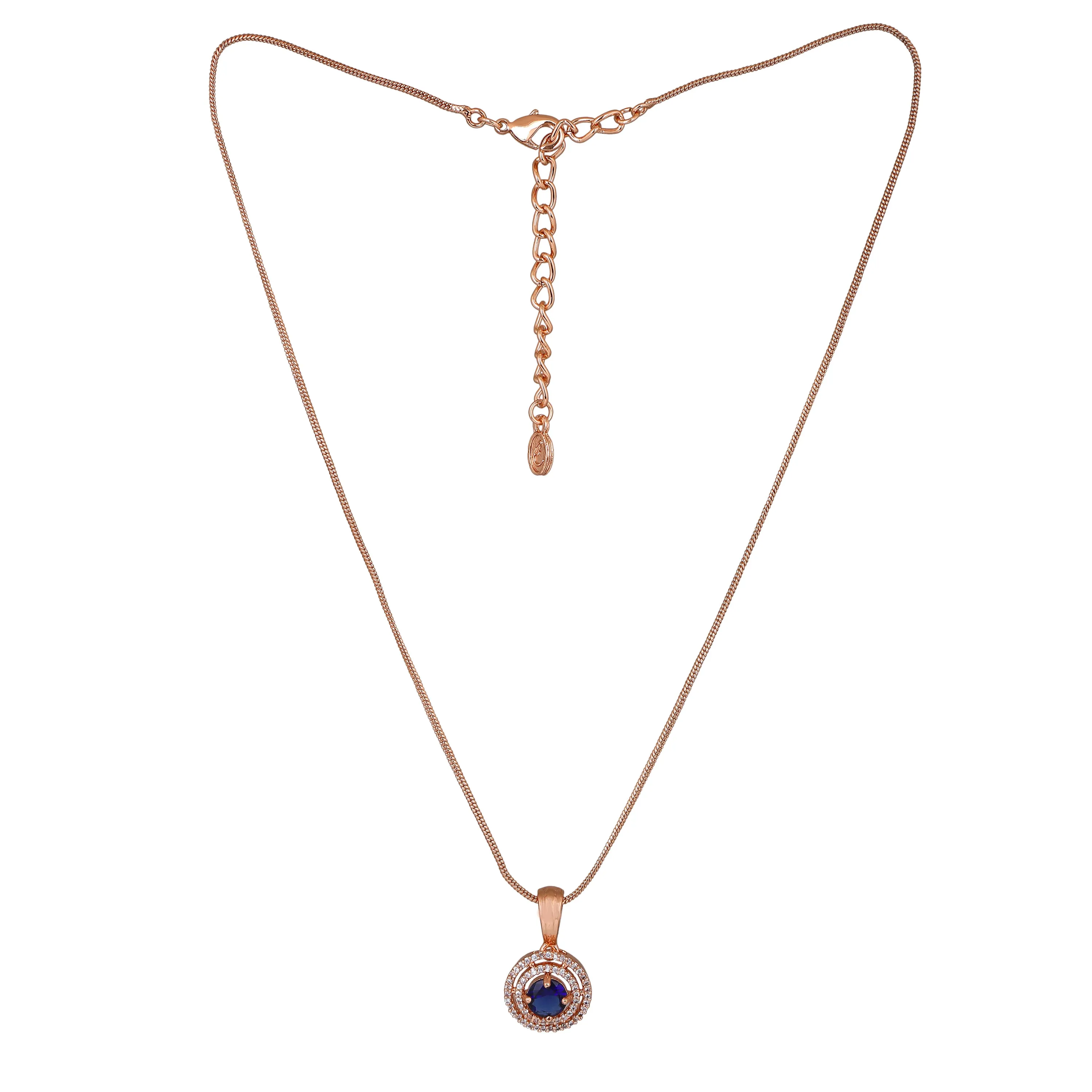 Estele Rose Gold Plated CZ Circular Pendant Set with Blue Stones for Women