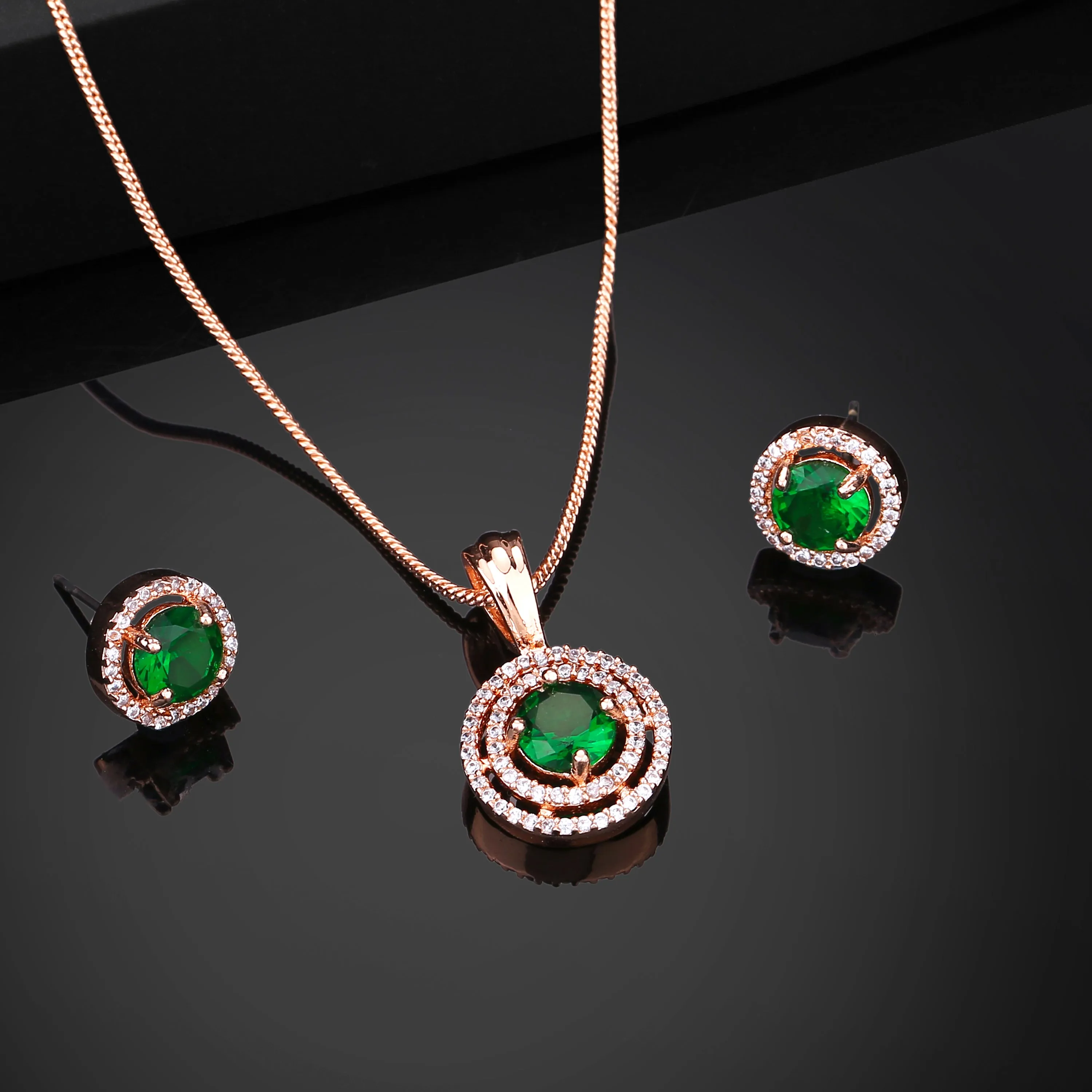 Estele Rosegold Plated CZ Circular Designer Pendant Set with Green Stones for Women