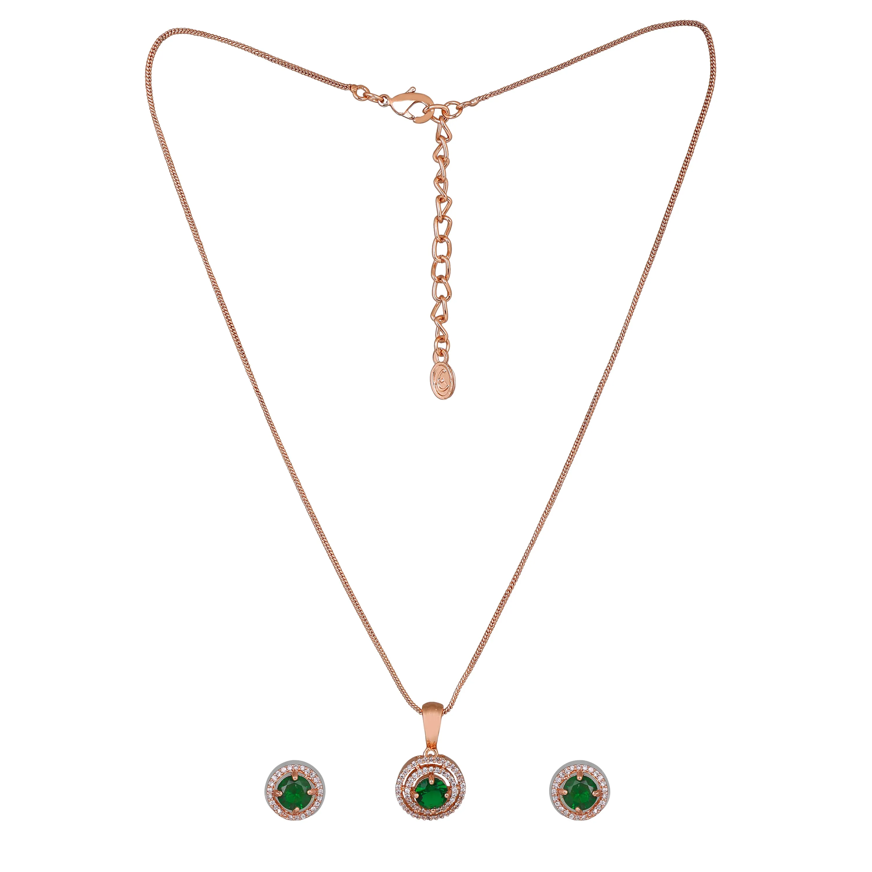 Estele Rosegold Plated CZ Circular Designer Pendant Set with Green Stones for Women