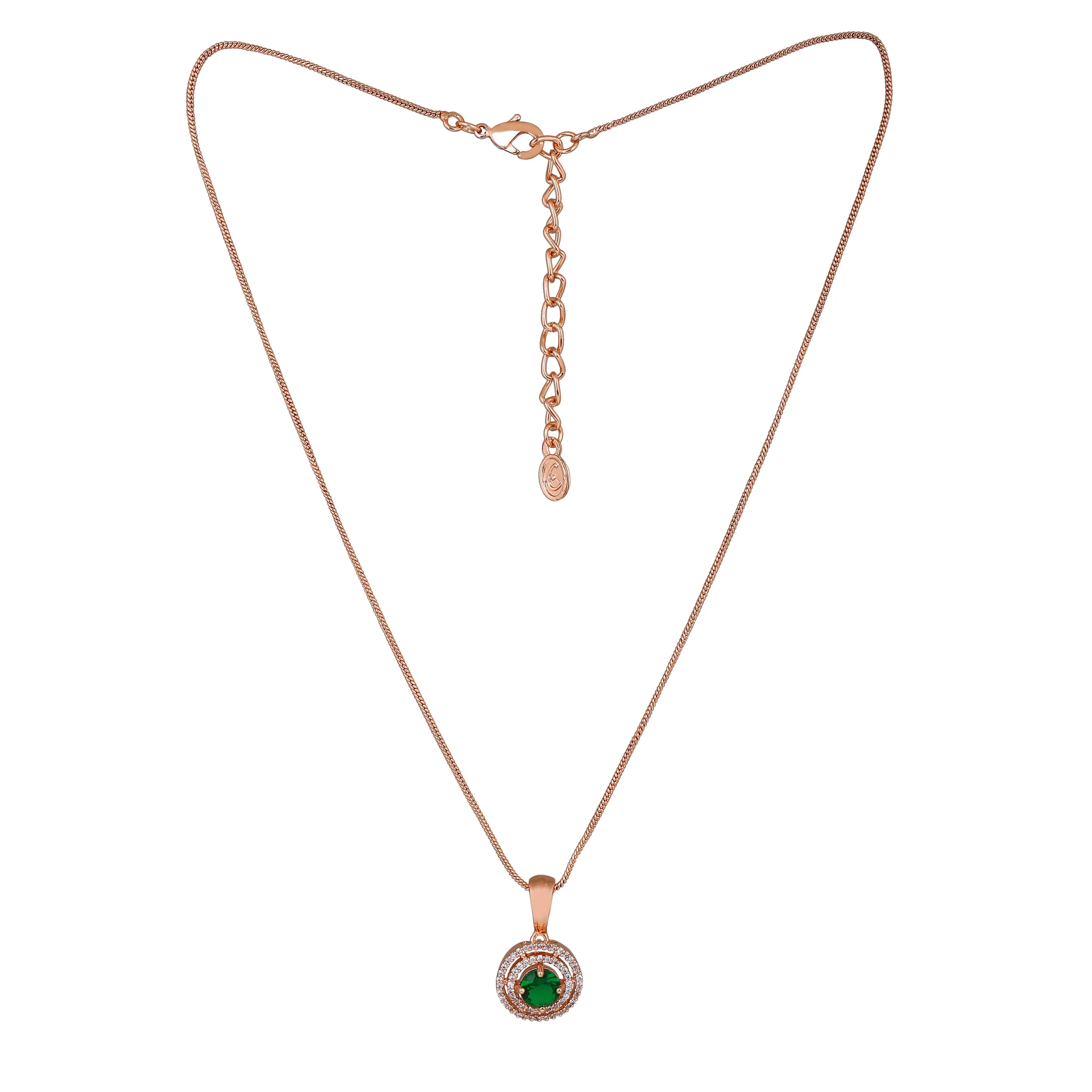 Estele Rosegold Plated CZ Circular Designer Pendant Set with Green Stones for Women