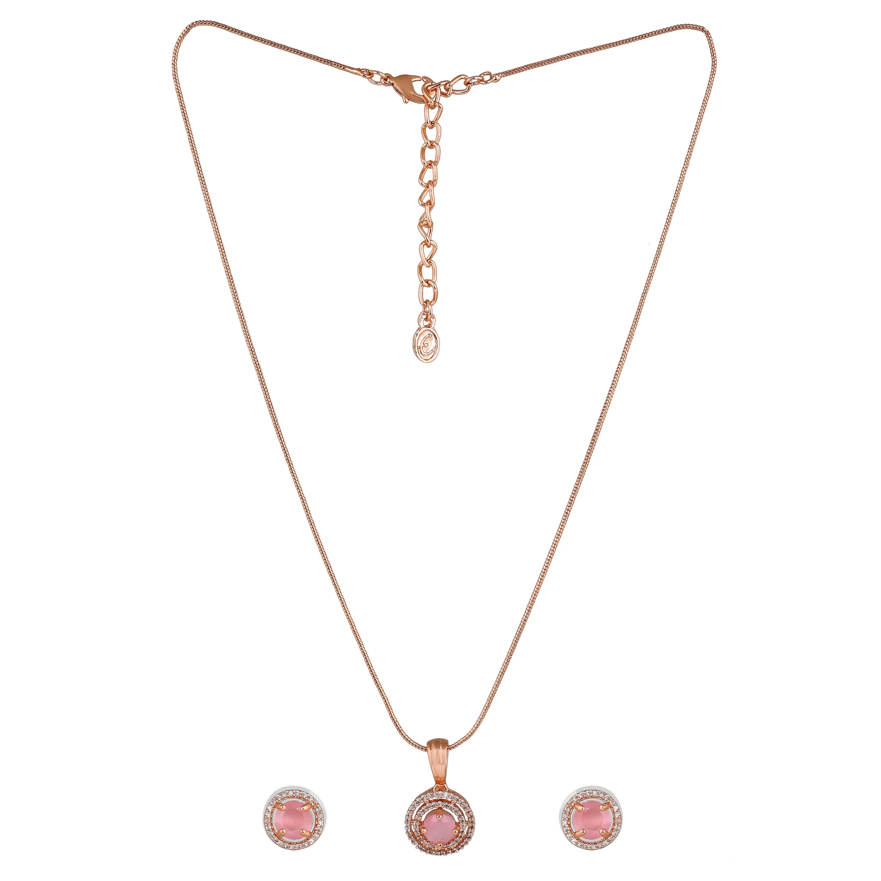 Estele Rosegold Plated CZ Circular Designer Pendant Set with Mint Pink Stones for Women