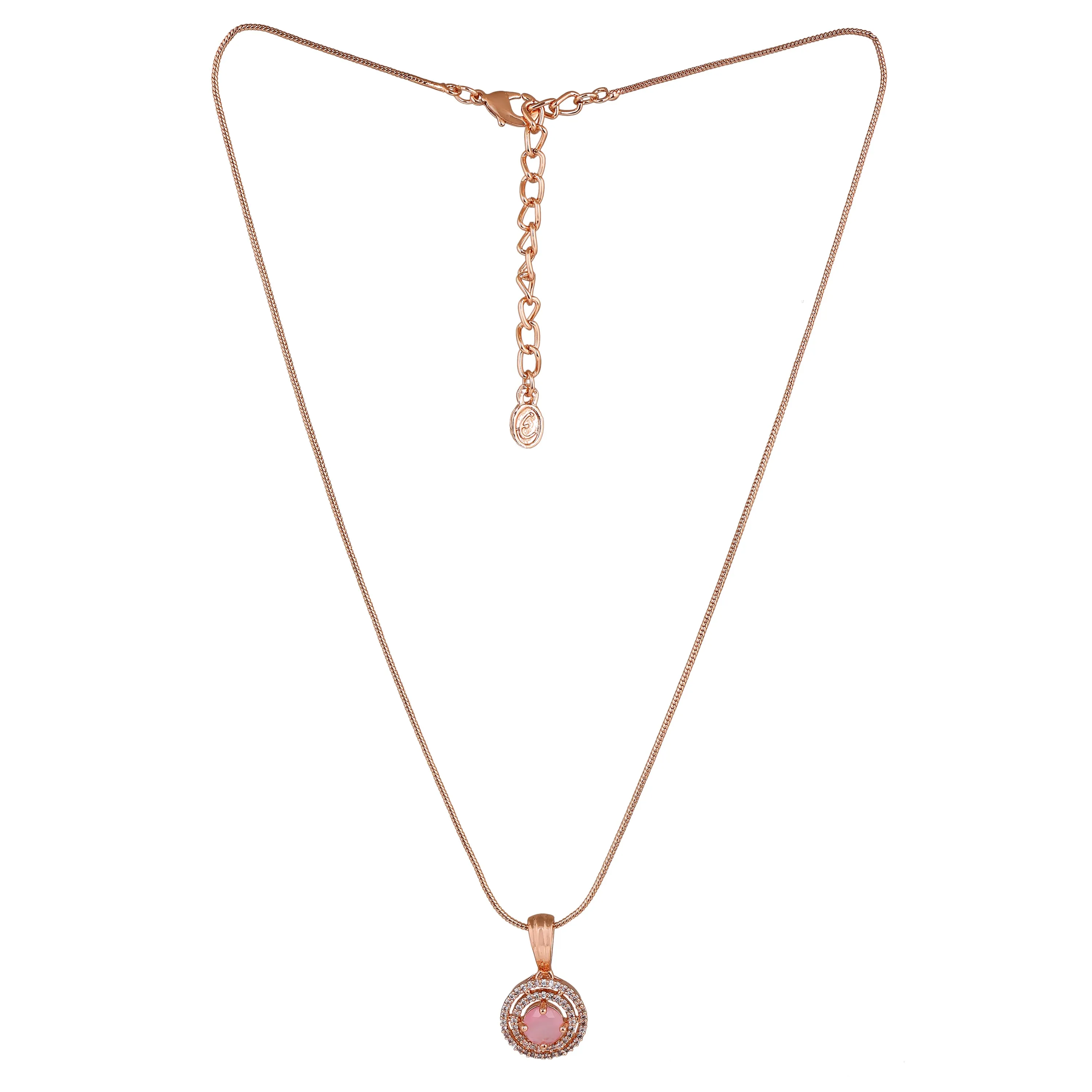 Estele Rosegold Plated CZ Circular Designer Pendant Set with Mint Pink Stones for Women