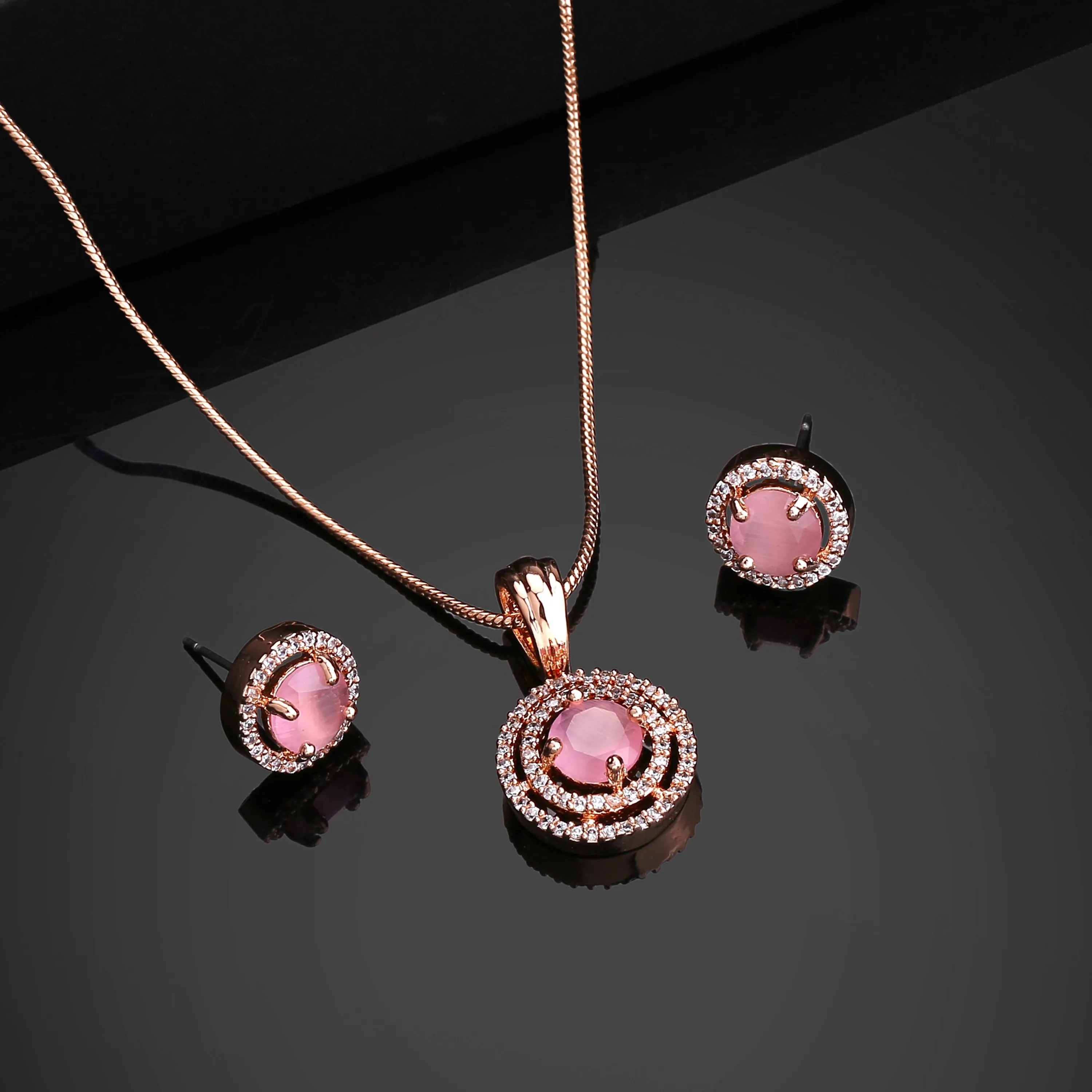 Estele Rosegold Plated CZ Circular Designer Pendant Set with Mint Pink Stones for Women